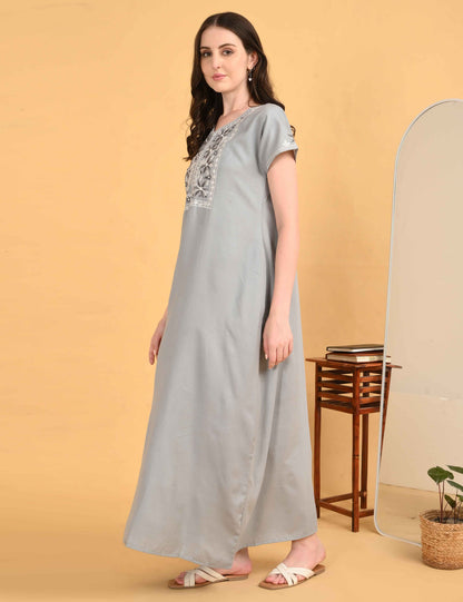Womens Embroidered A-Line Nightdress - Grey