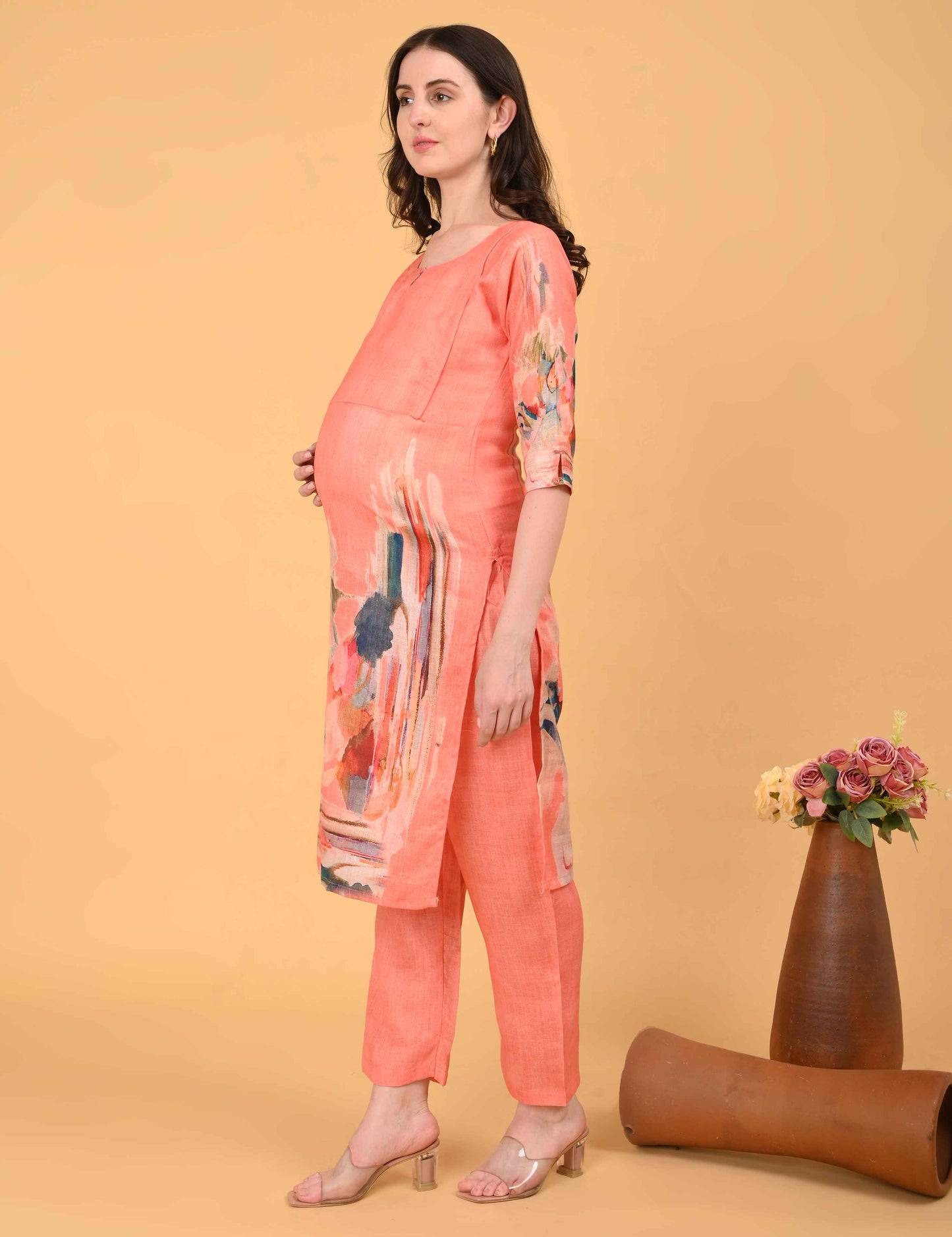 Womens Maternity Kurti Pant Set - Peach