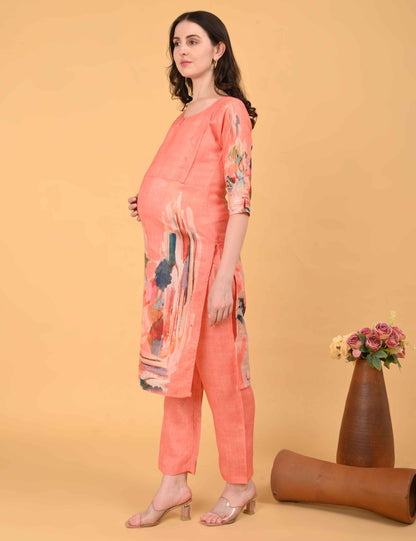 Womens Maternity Kurti Pant Set - Peach