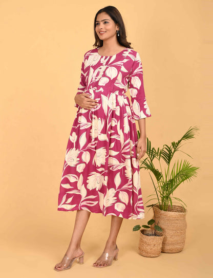 Fuchsia-Colored Maternity 3/4th Gown