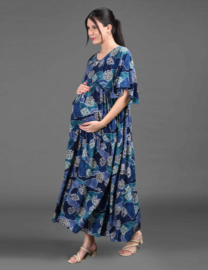 Womens Printed Maternity Long Gown - Blue