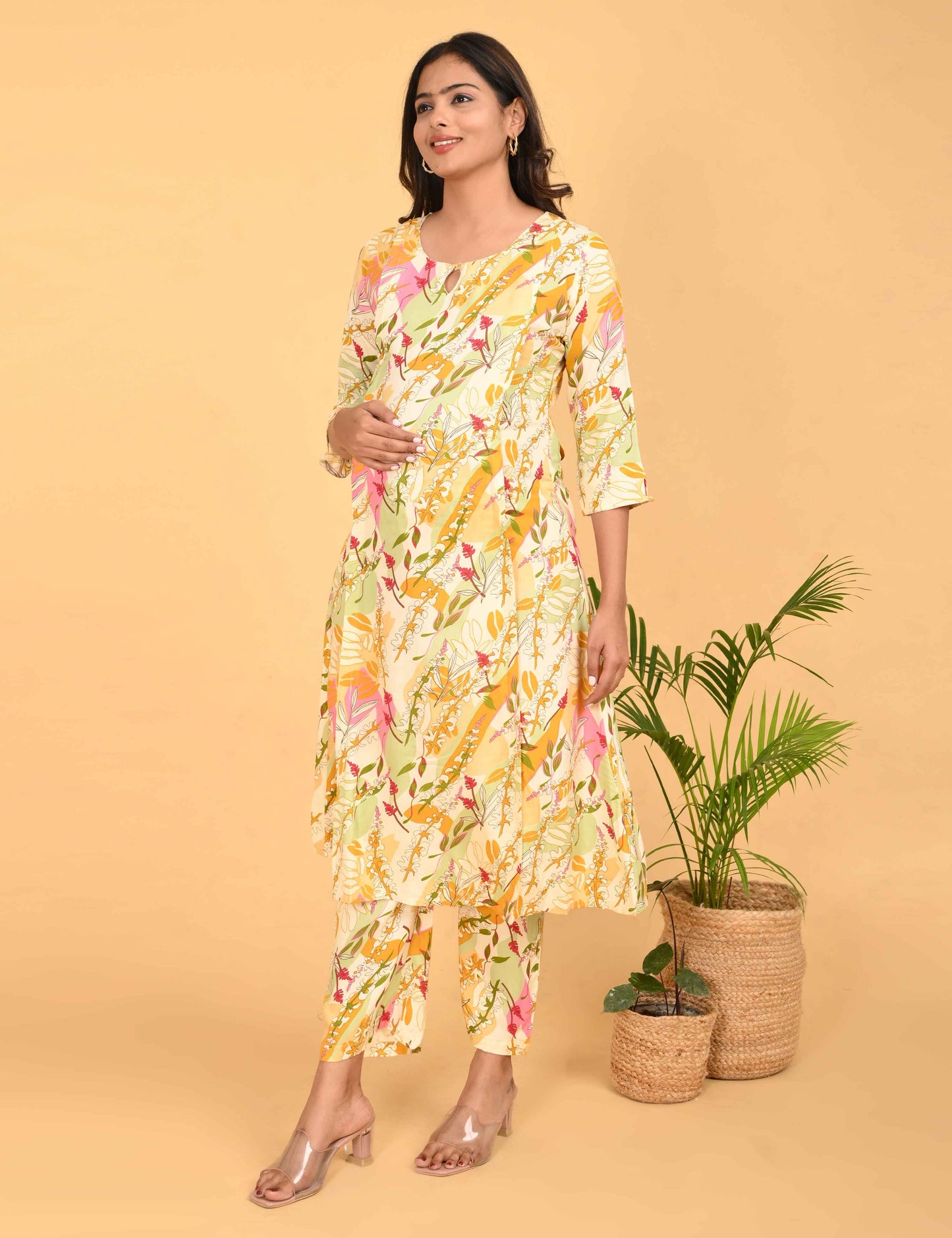 Womens Maternity Kurti Pant Set - Lemon
