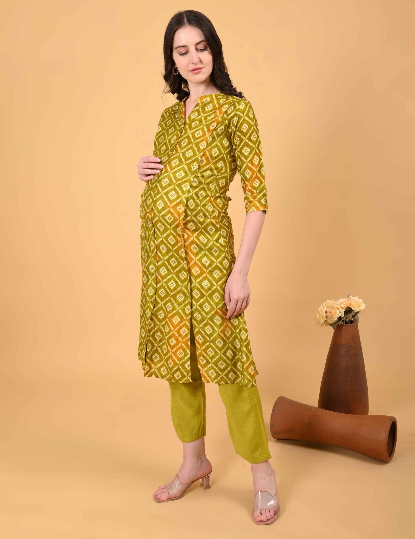 Womens Maternity Kurti Pant Set - Mehndi