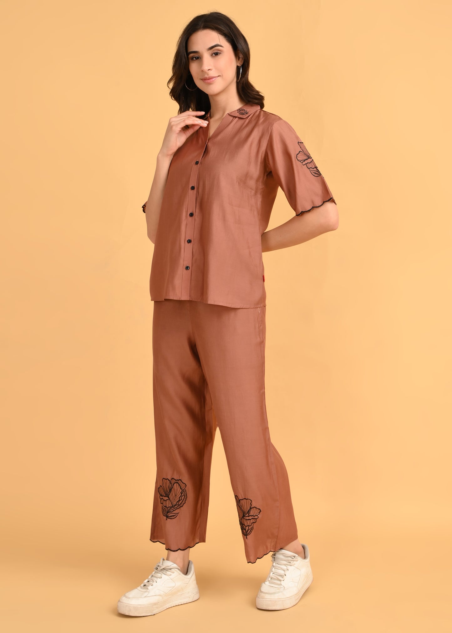 Brown-Colored Embroidered Co Ord Set