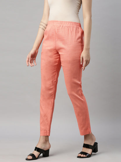 Womens Stretchable Solid Cigar Pant - L.Peach