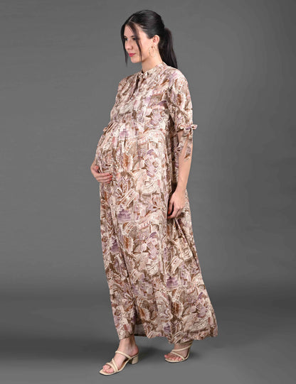 Womens Printed Maternity Long Gown - Brown