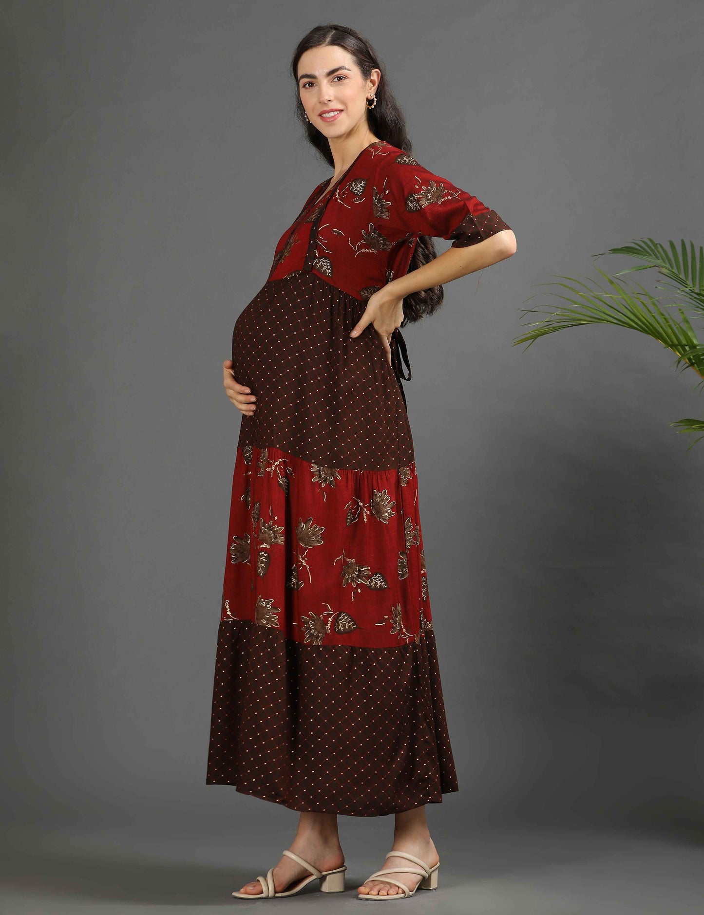 Maroon-Colored Maternity Long Gown