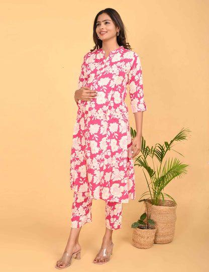Womens Maternity Kurti Pant Set - Fuchsia