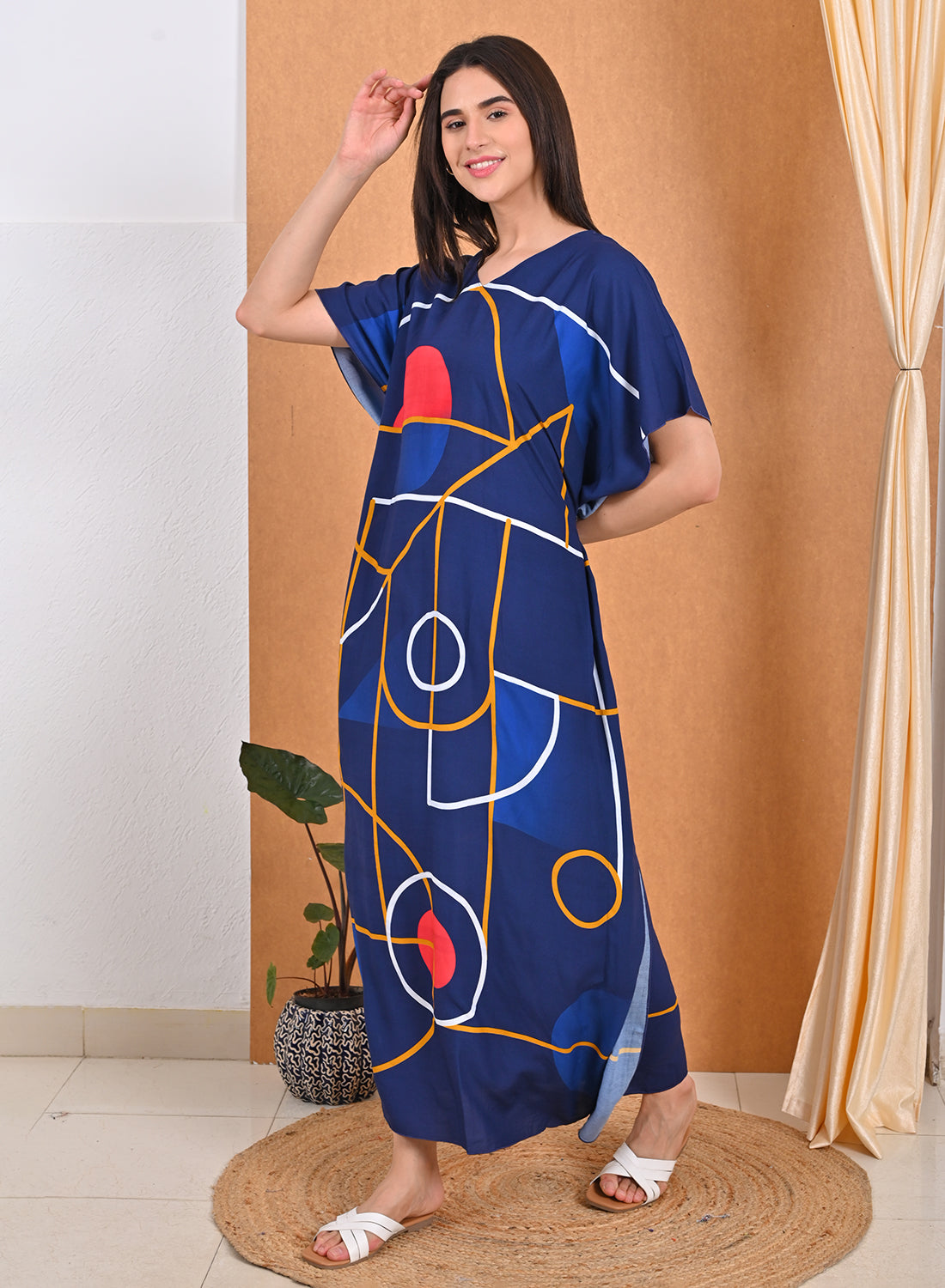 Womens Printed Kaftan Nightdress - Navy