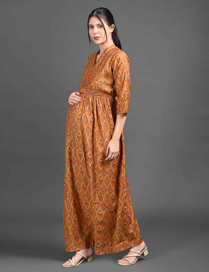 Womens Printed Maternity Long Gown - Brown