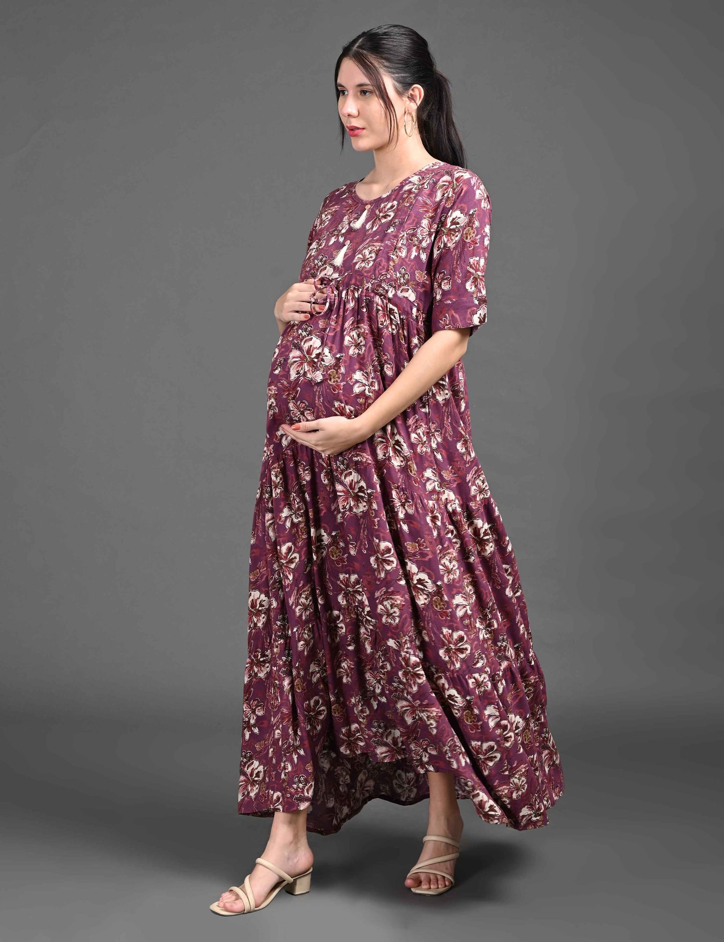 Womens Printed Maternity Long Gown - Wine