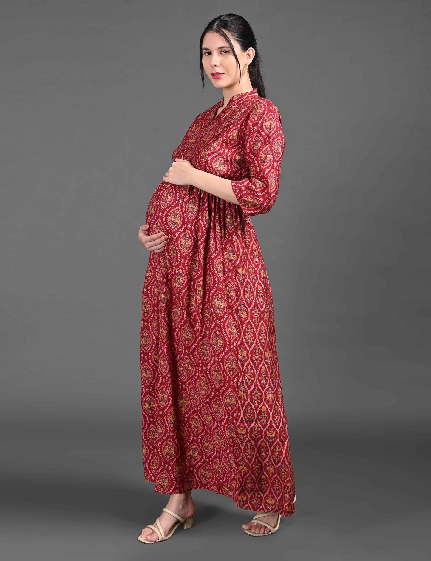 Womens Printed Maternity Long Gown - Red