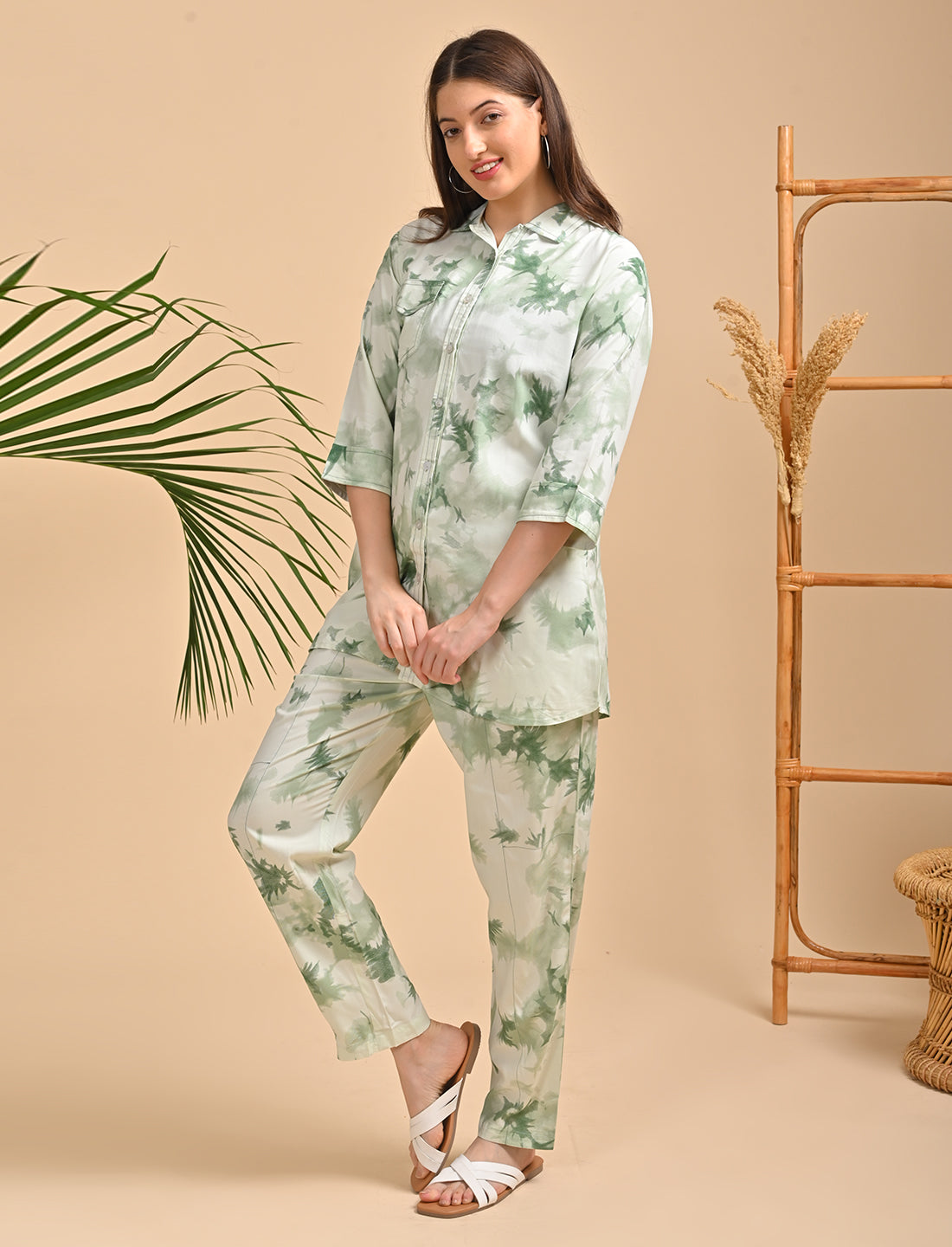 Womens Printed Co Ord Set - Green