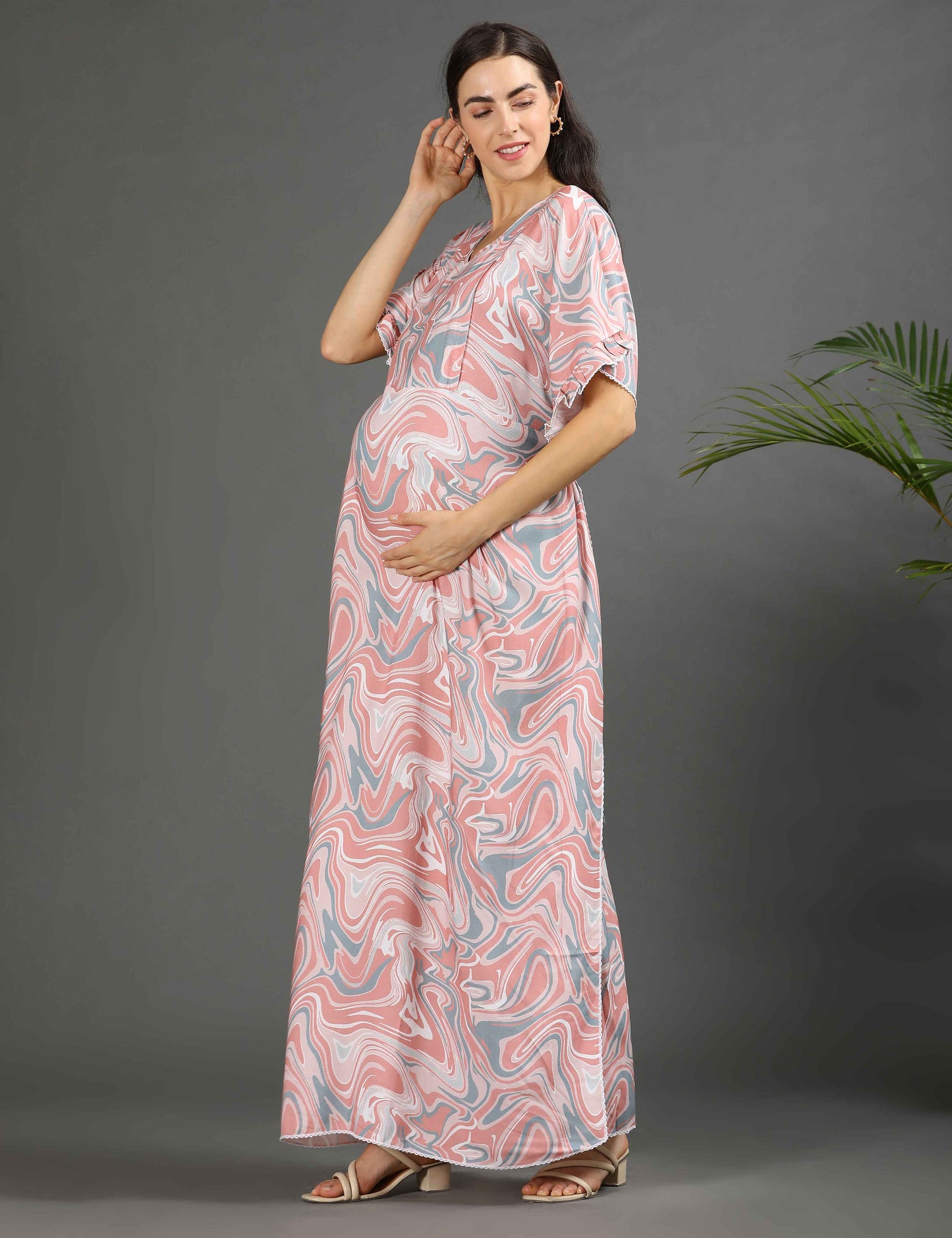 Peach-Colored Maternity Kaftan Long Gown