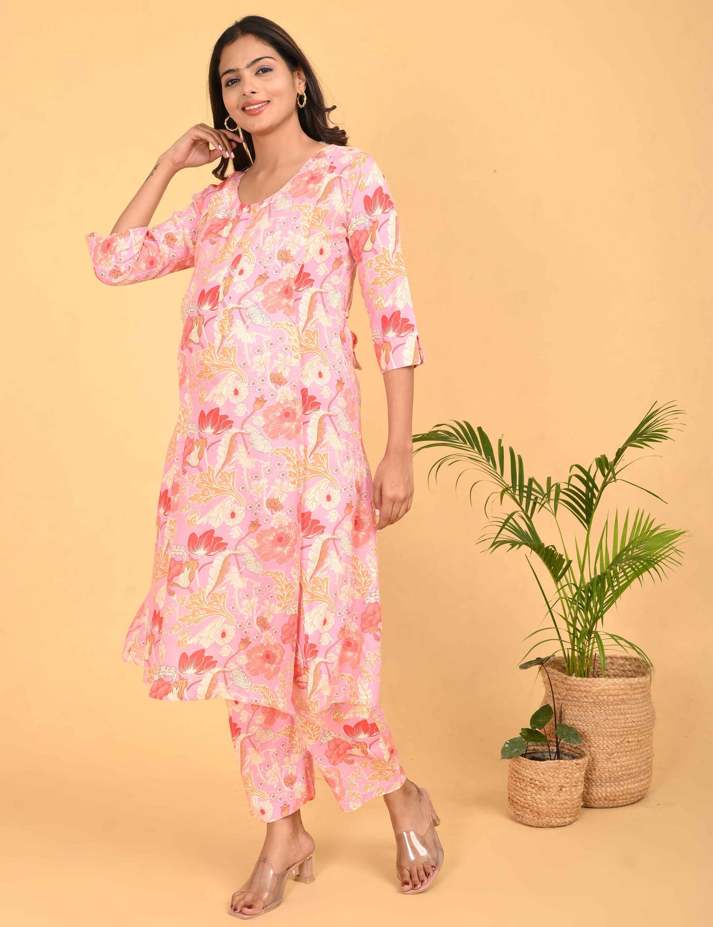 Womens Maternity Kurti Pant Set - Pink