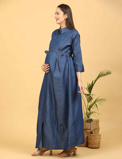 Womens Denim Maternity Long Gown - Blue
