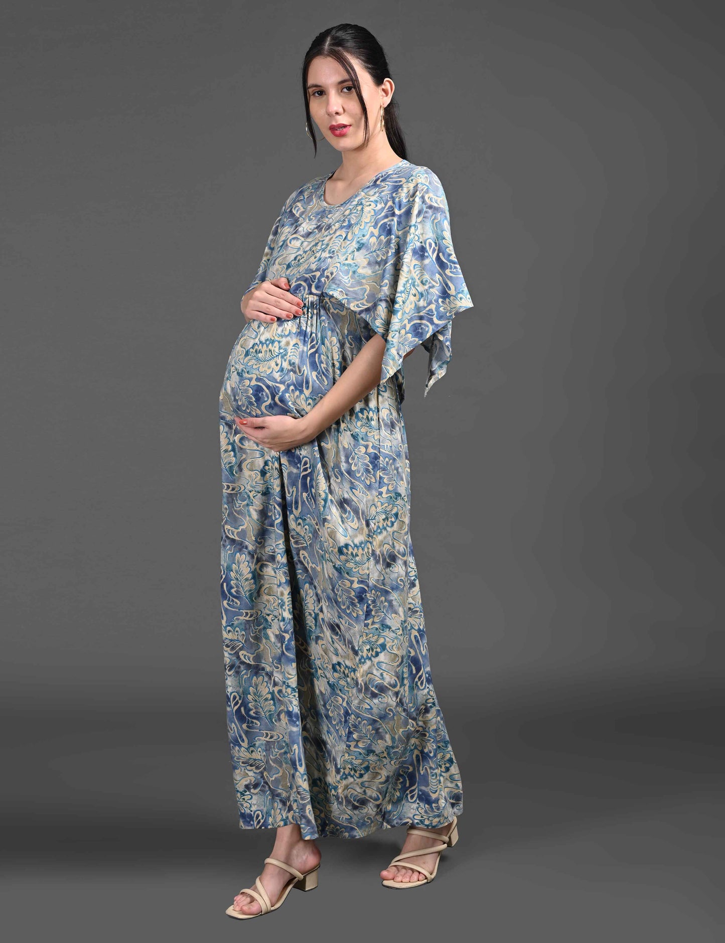 Womens Printed Maternity Long Gown - Blue