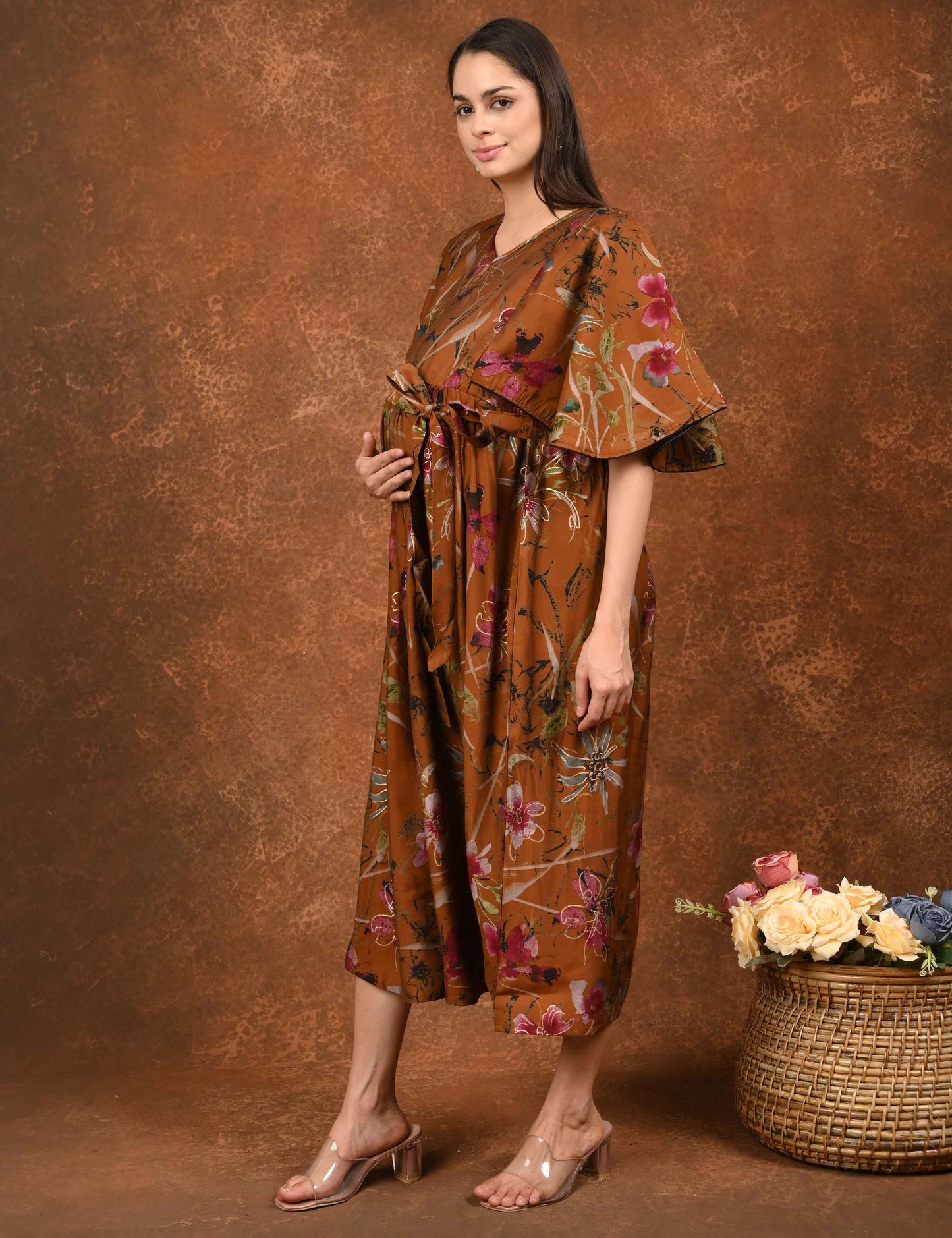Mustard-Colored Maternity 3/4th Gown