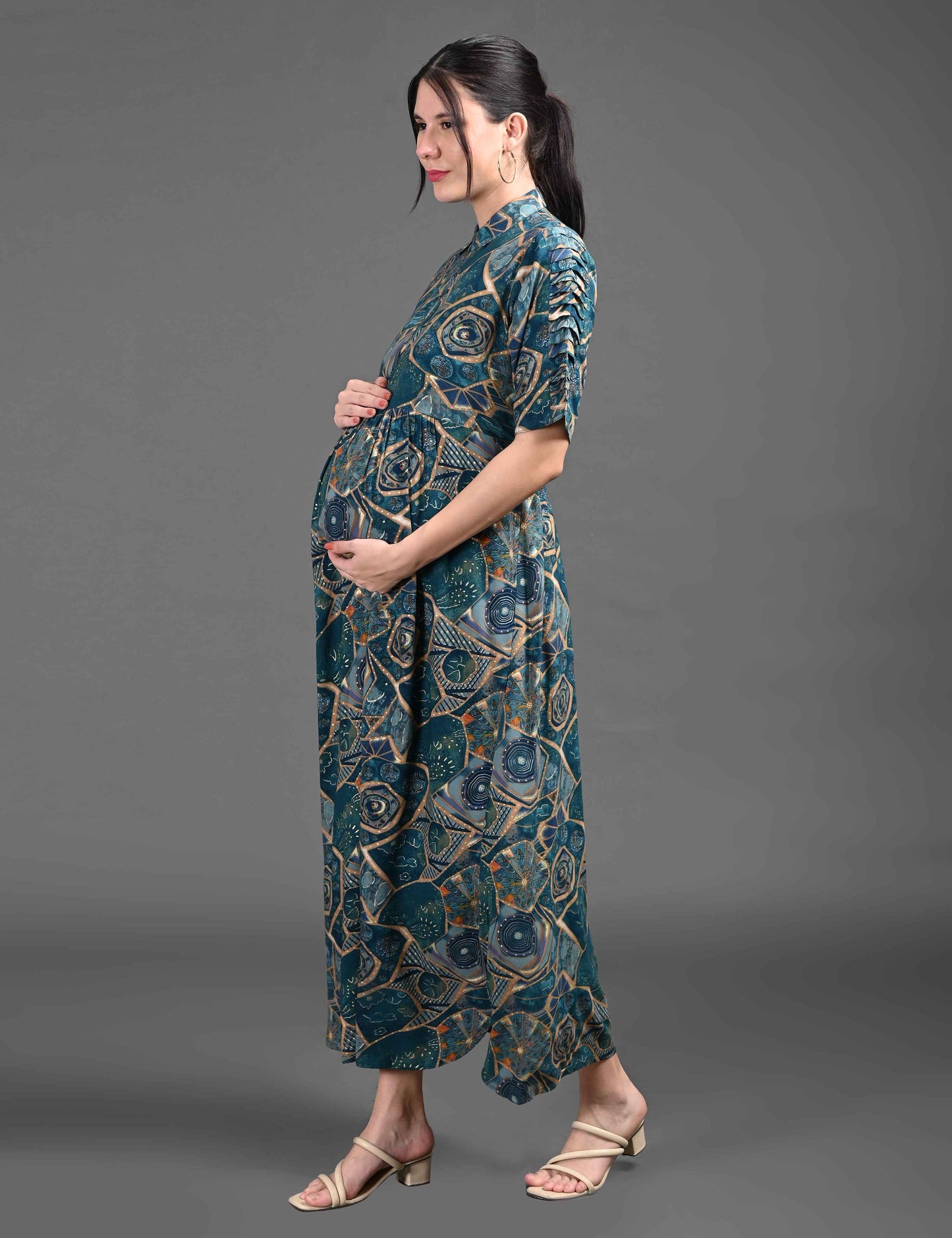 Womens Printed Maternity Long Gown - Indigo