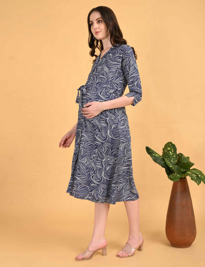 Navy Blue-Colored Maternity 3/4th Gown