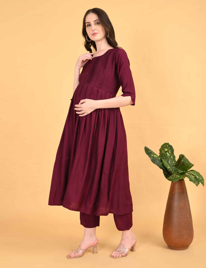 Womens Maternity Kurti Pant Set - Maroon