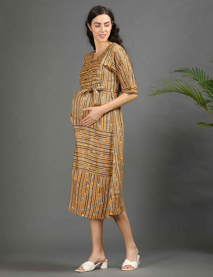 Mustard-Colored Maternity 3/4th Gown