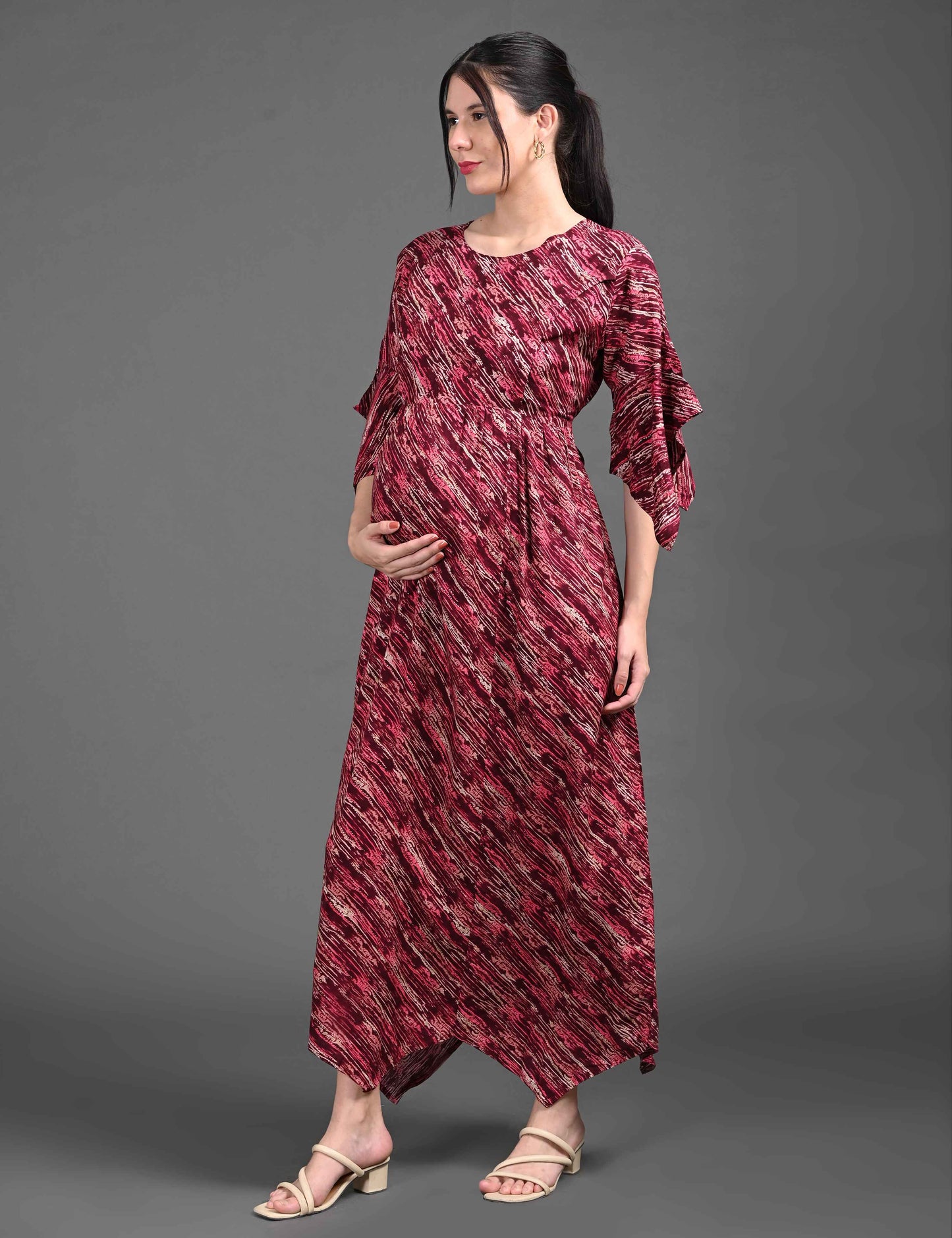 Womens Printed Maternity Long Gown - Maroon