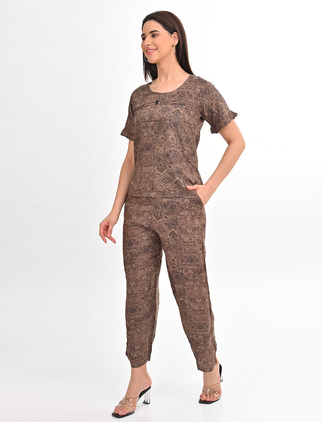 Womens Printed Co Ord Set - Brown