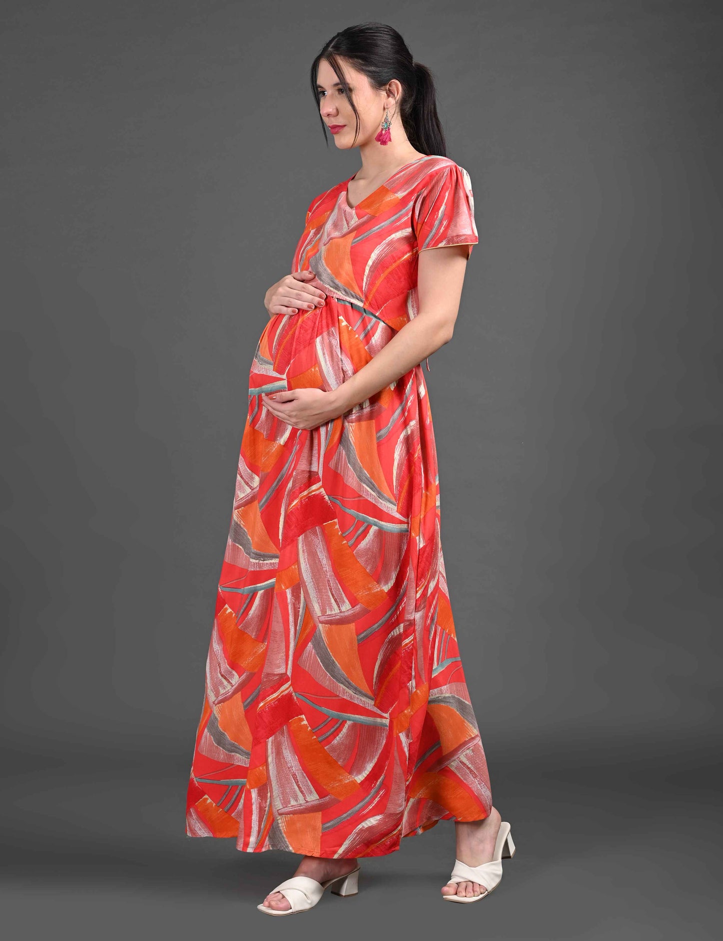 Womens Printed Maternity Long Gown - Orange