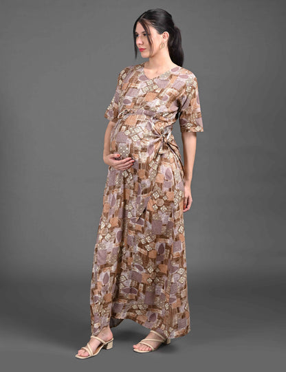 Womens Printed Maternity Long Gown - Brown