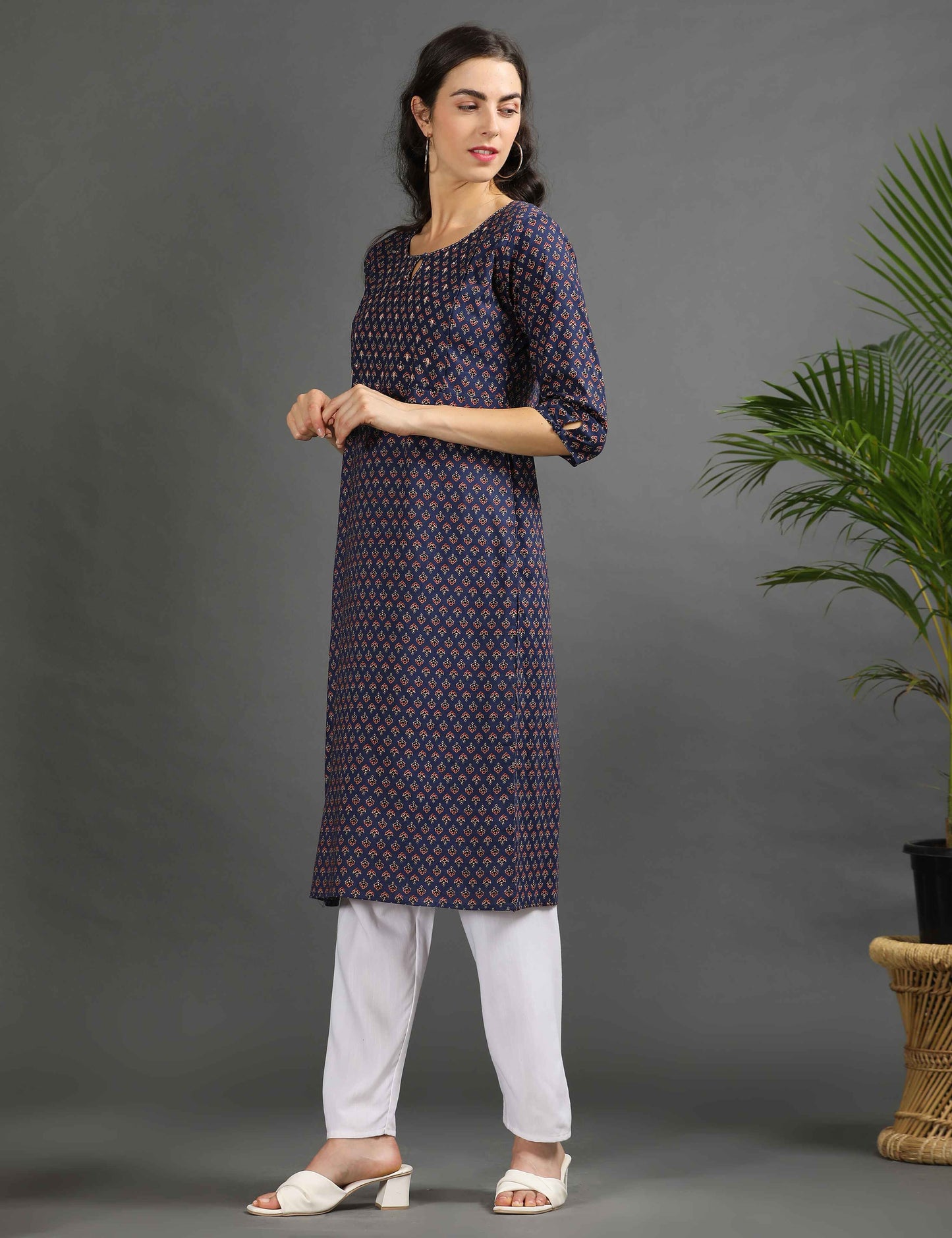 Womens Navy-Colored Printed Feeding Kurta