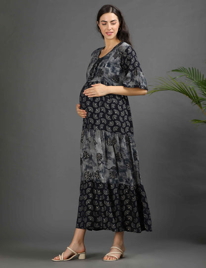 Navy-Colored Maternity Long Gown