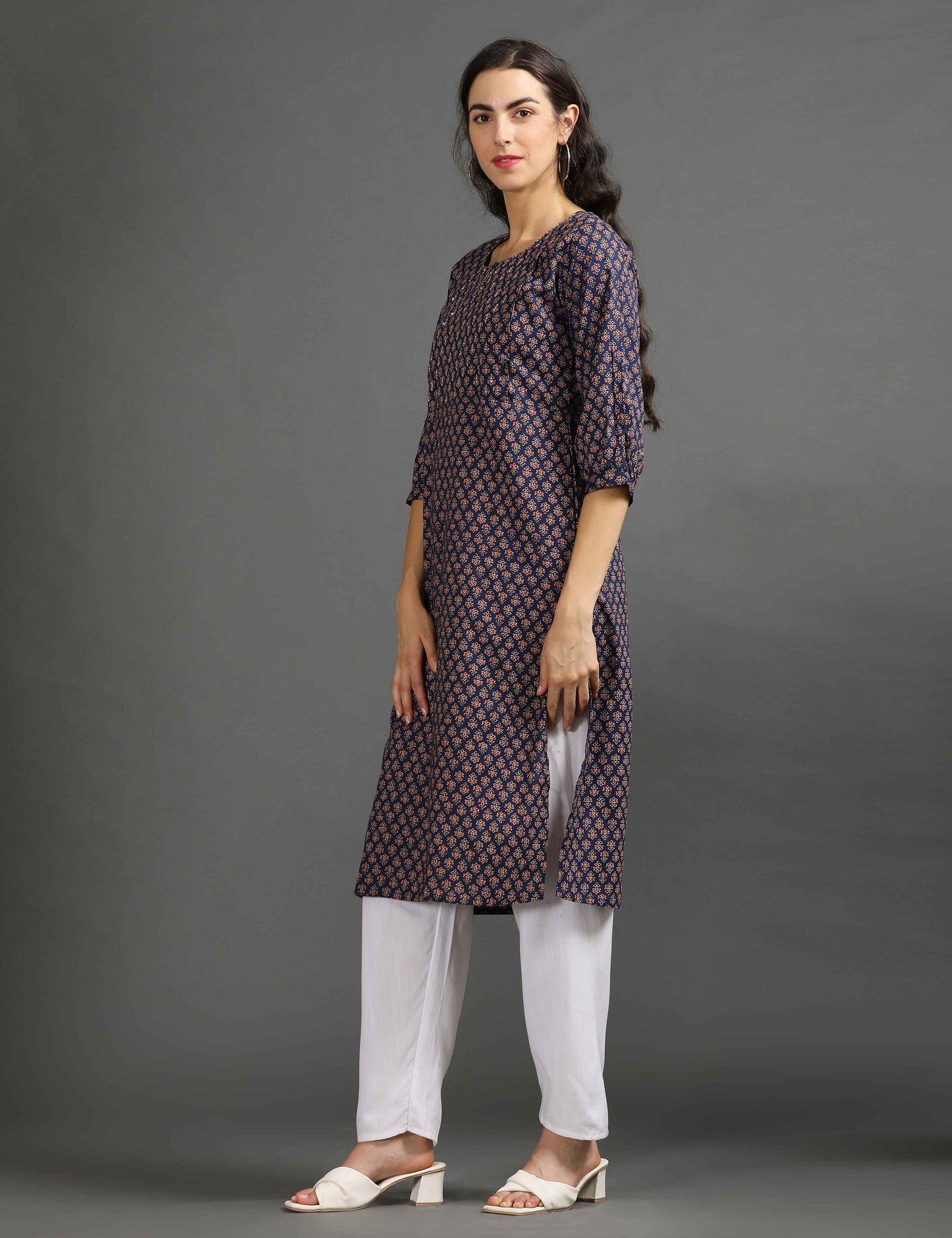 Womens Navy-Colored Printed Feeding Kurta