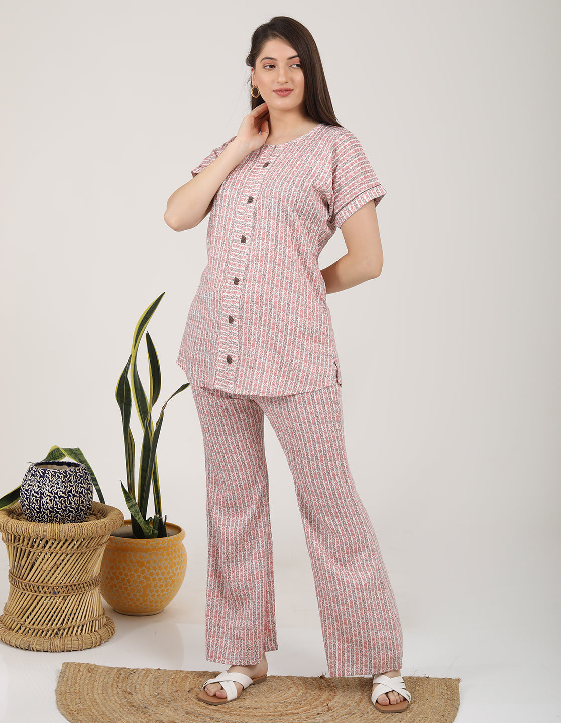 Womens Printed Co Ord Set - Peach