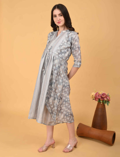 Grey-Colored Maternity 3/4th Gown
