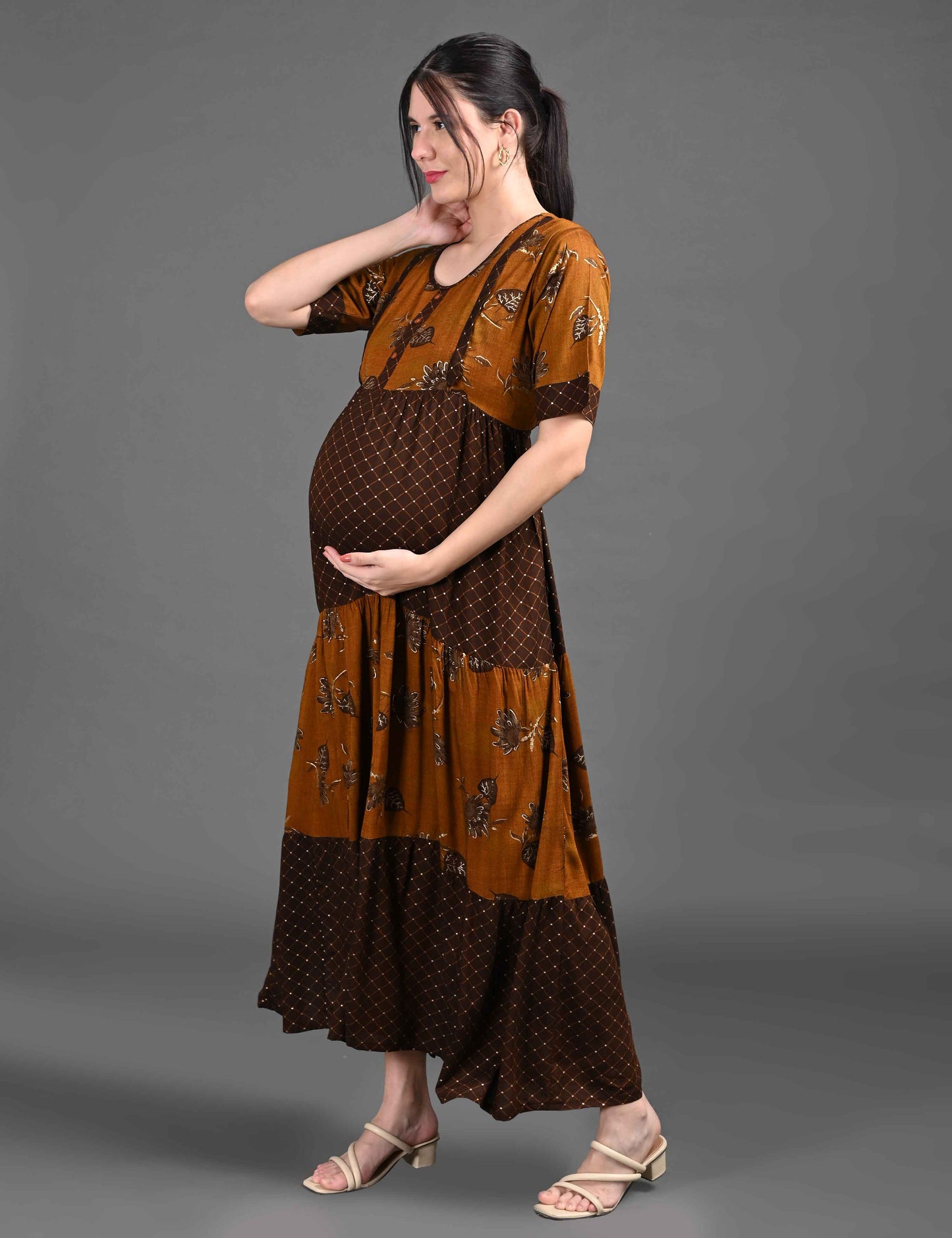 Brown-Colored Maternity Long Gown