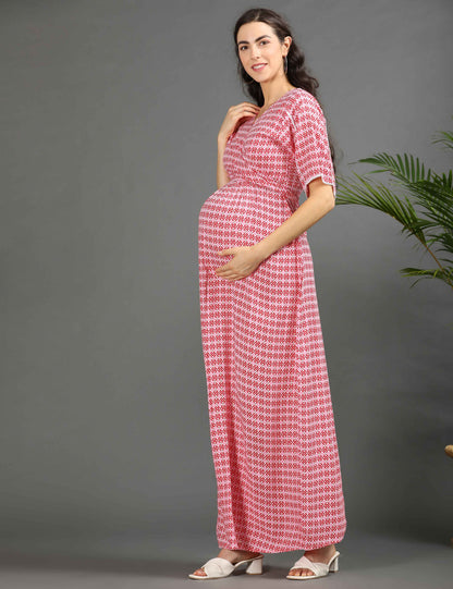 Pink-Colored Maternity Long Gown