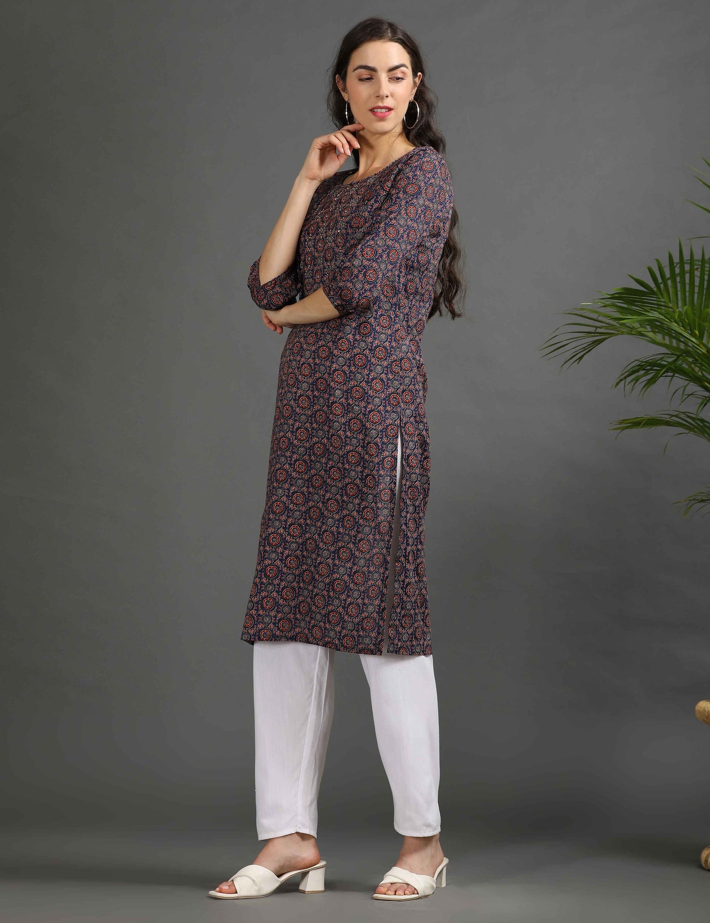 Womens Navy-Colored Printed Feeding Kurta