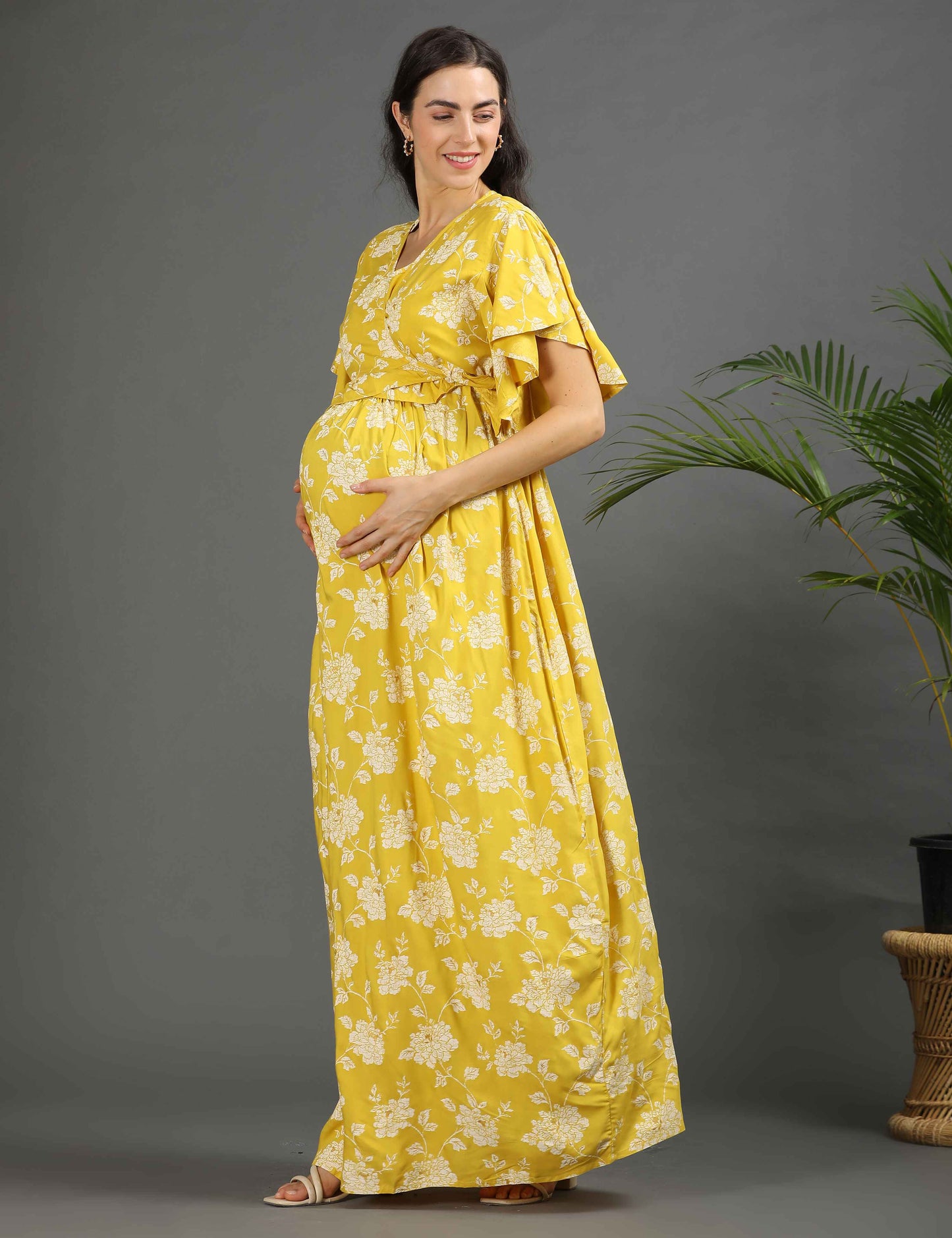 Yellow-Colored Maternity Long Gown