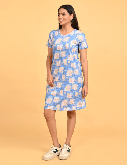 Pastel Blue-Colored Printed Short Nighty