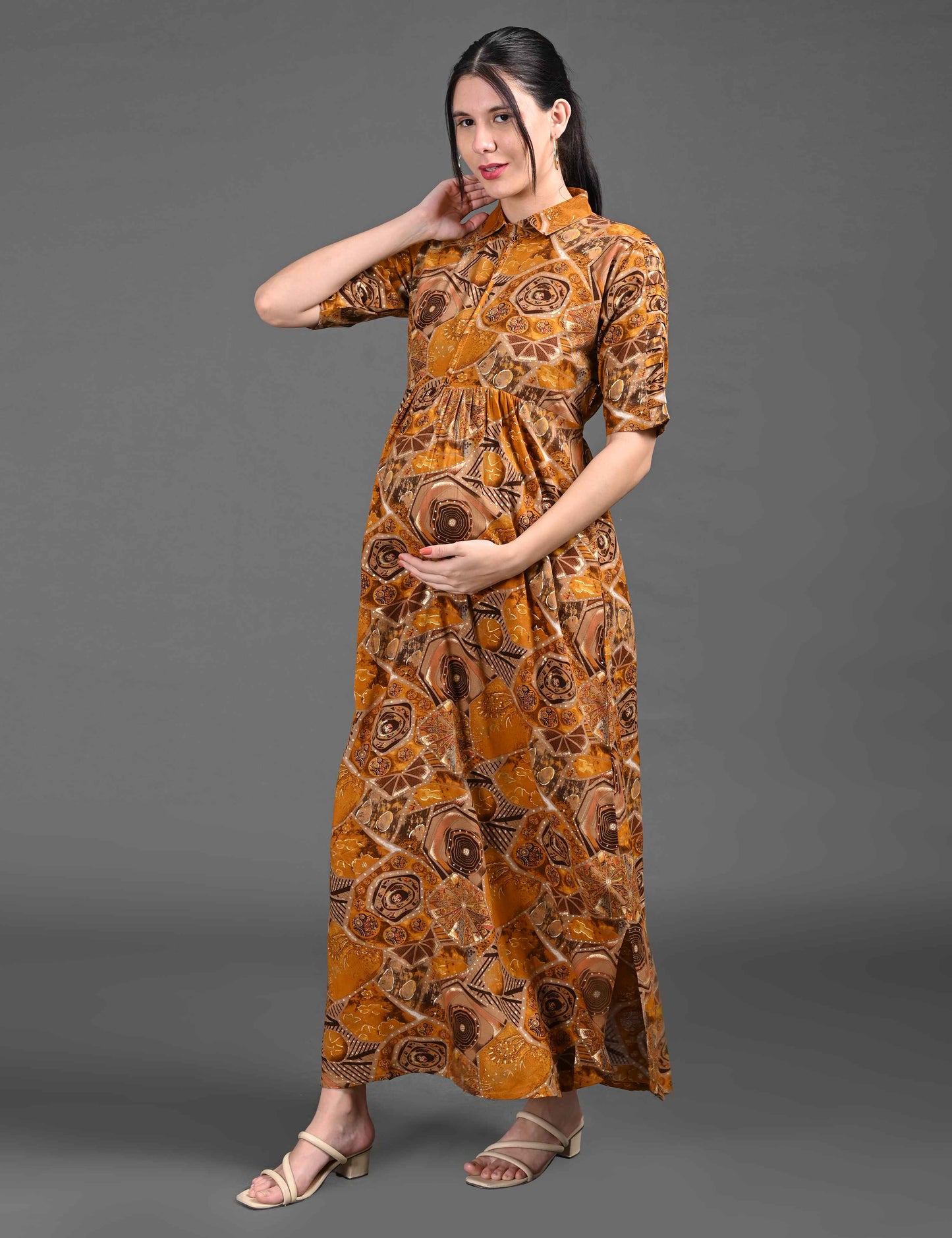 Womens Printed Maternity Long Gown - Mustard