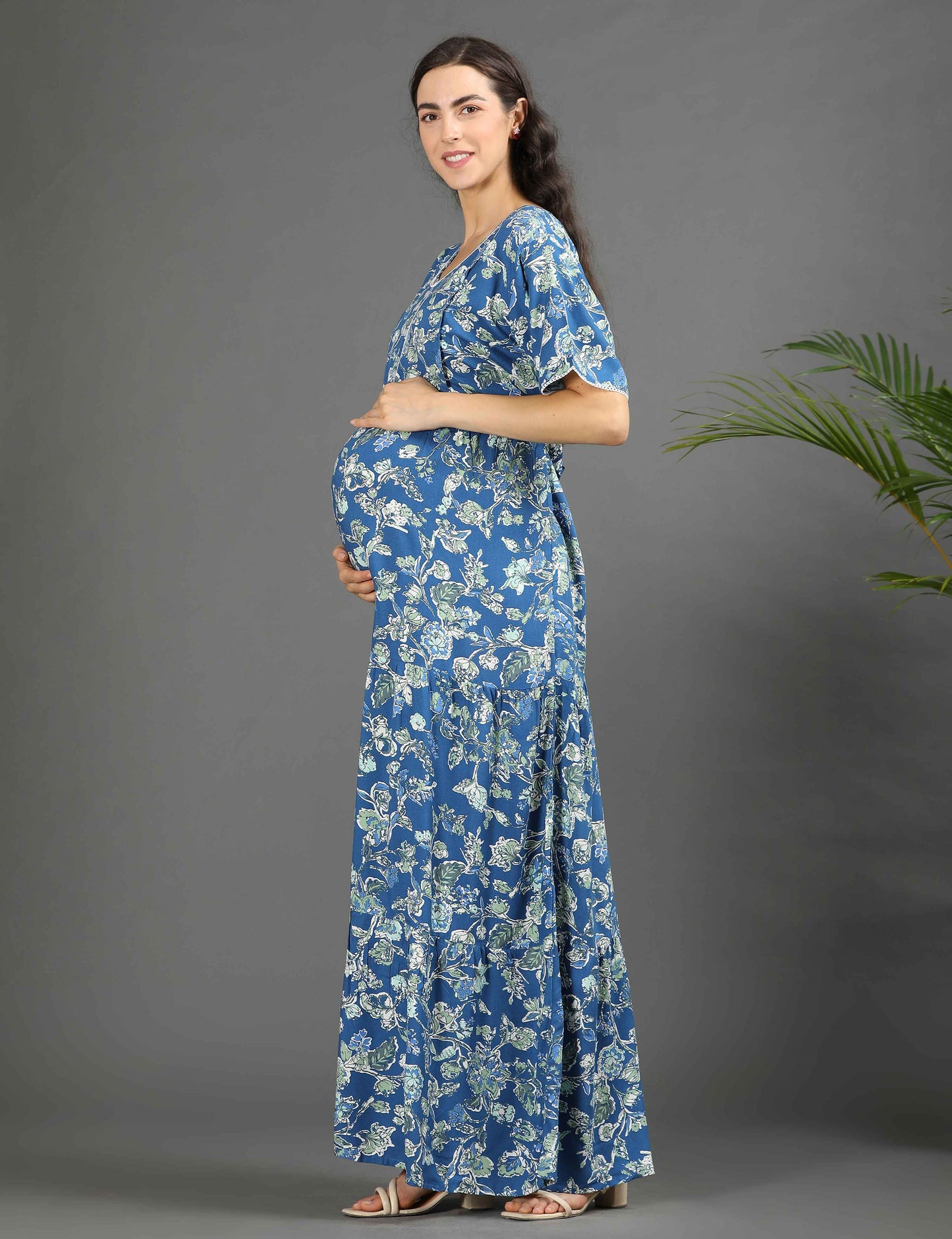 Sea Green-Colored Maternity Long Gown