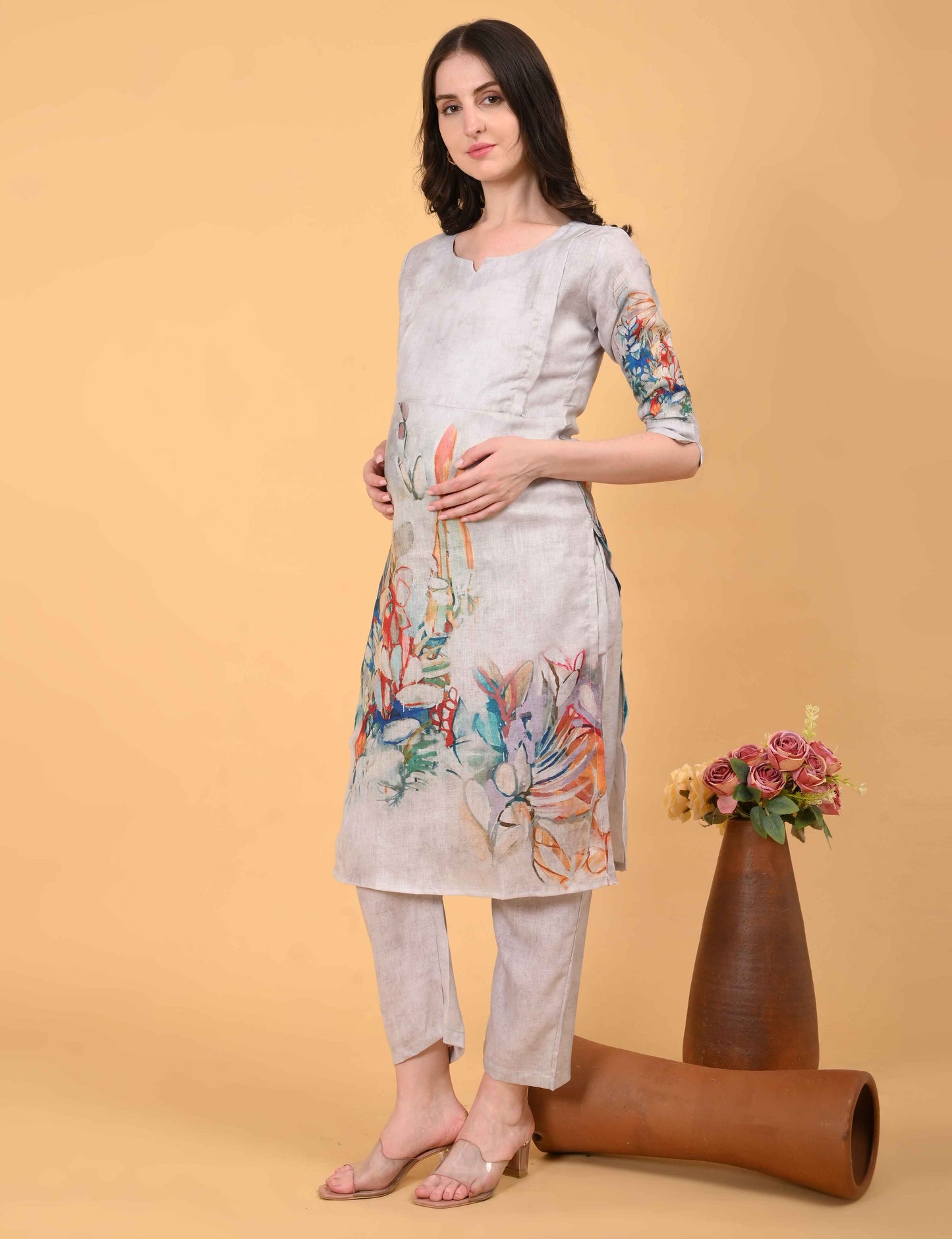 Womens Maternity Kurti Pant Set - Grey