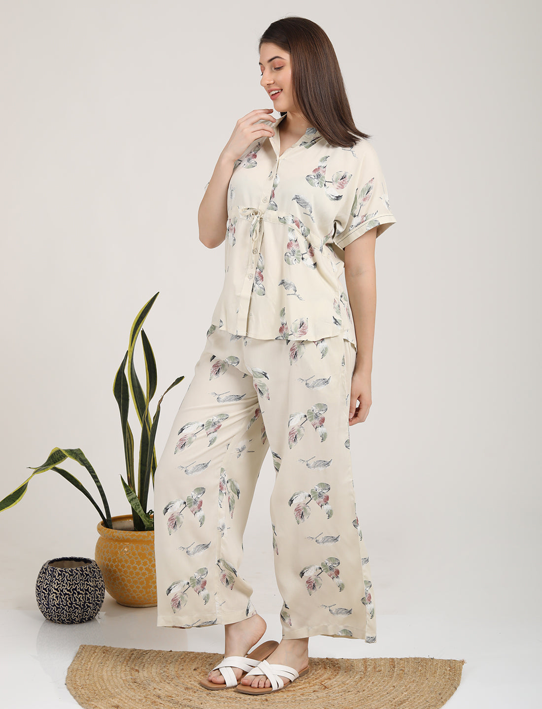 Womens Printed Co Ord Set - Cream