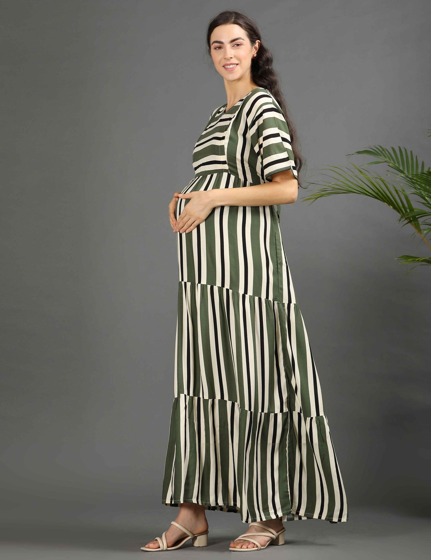 L Green-Colored Maternity Long Gown