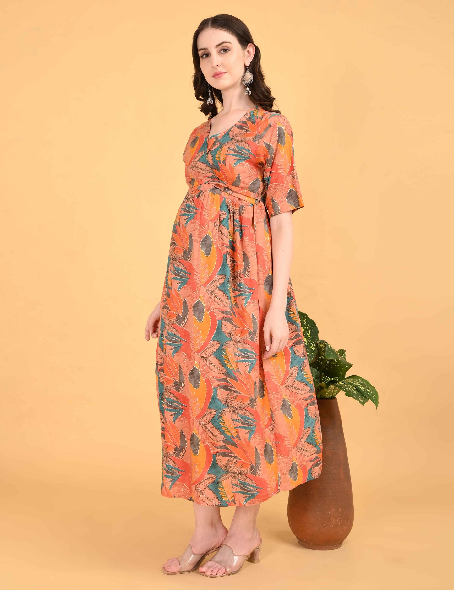 Orange-Colored Maternity 3/4th Gown