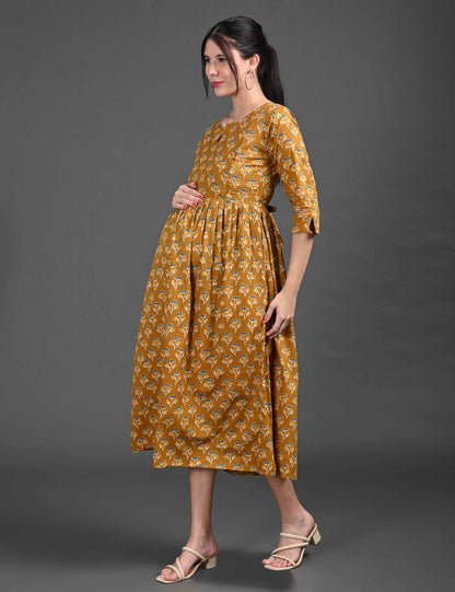 Mustard-Colored Maternity 3/4th Gown