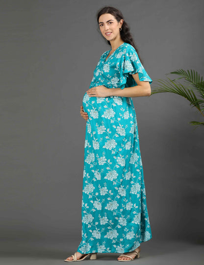 Sea Green-Colored Maternity Long Gown