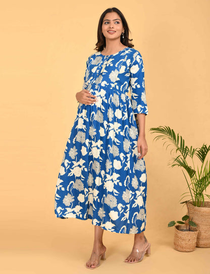 Blue-Colored Maternity 3/4th Gown