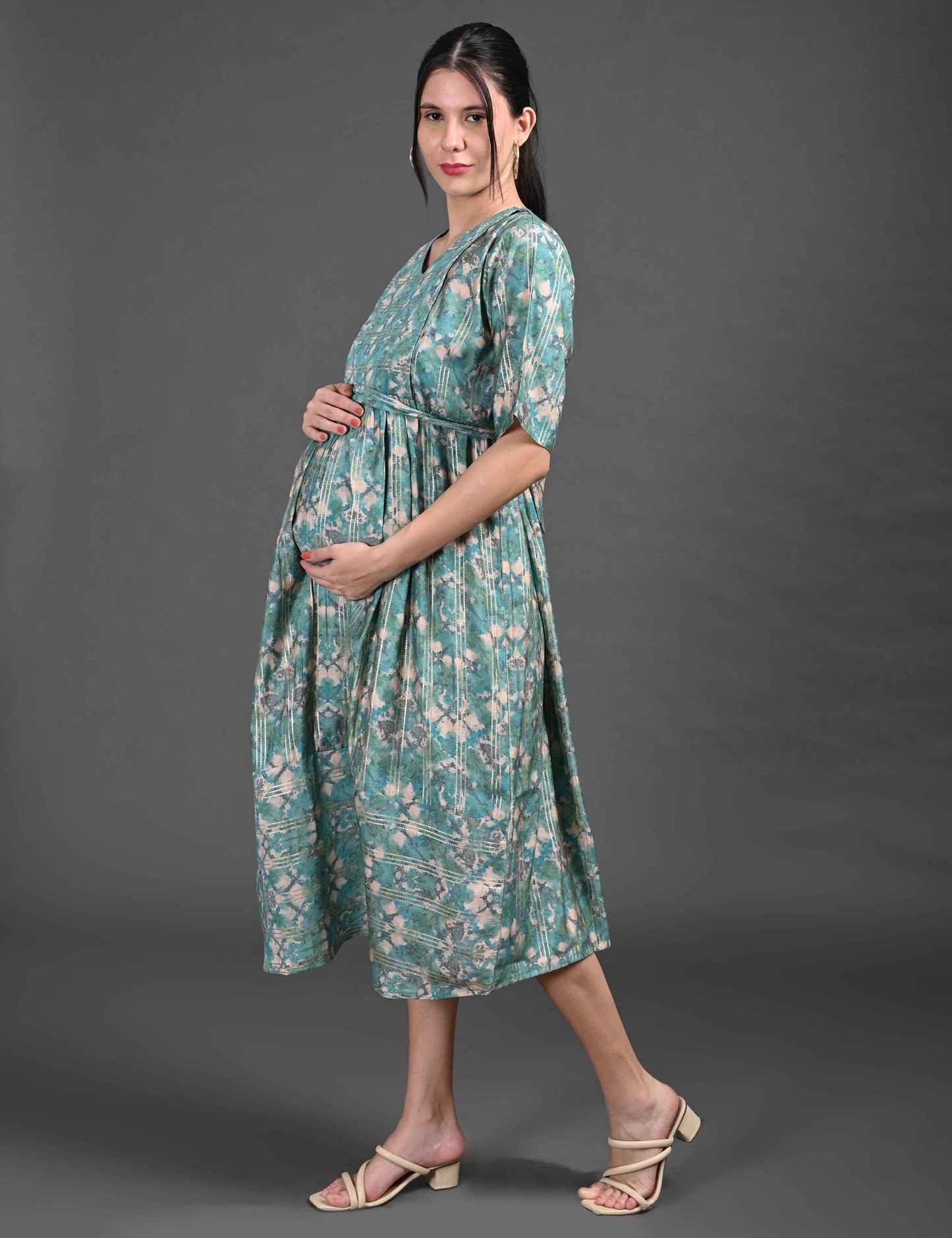 Sea Green-Colored Maternity 3/4th Gown